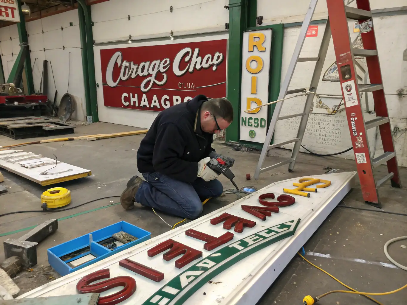 A technician performing maintenance on an LED sign, checking the wiring and replacing a faulty module.