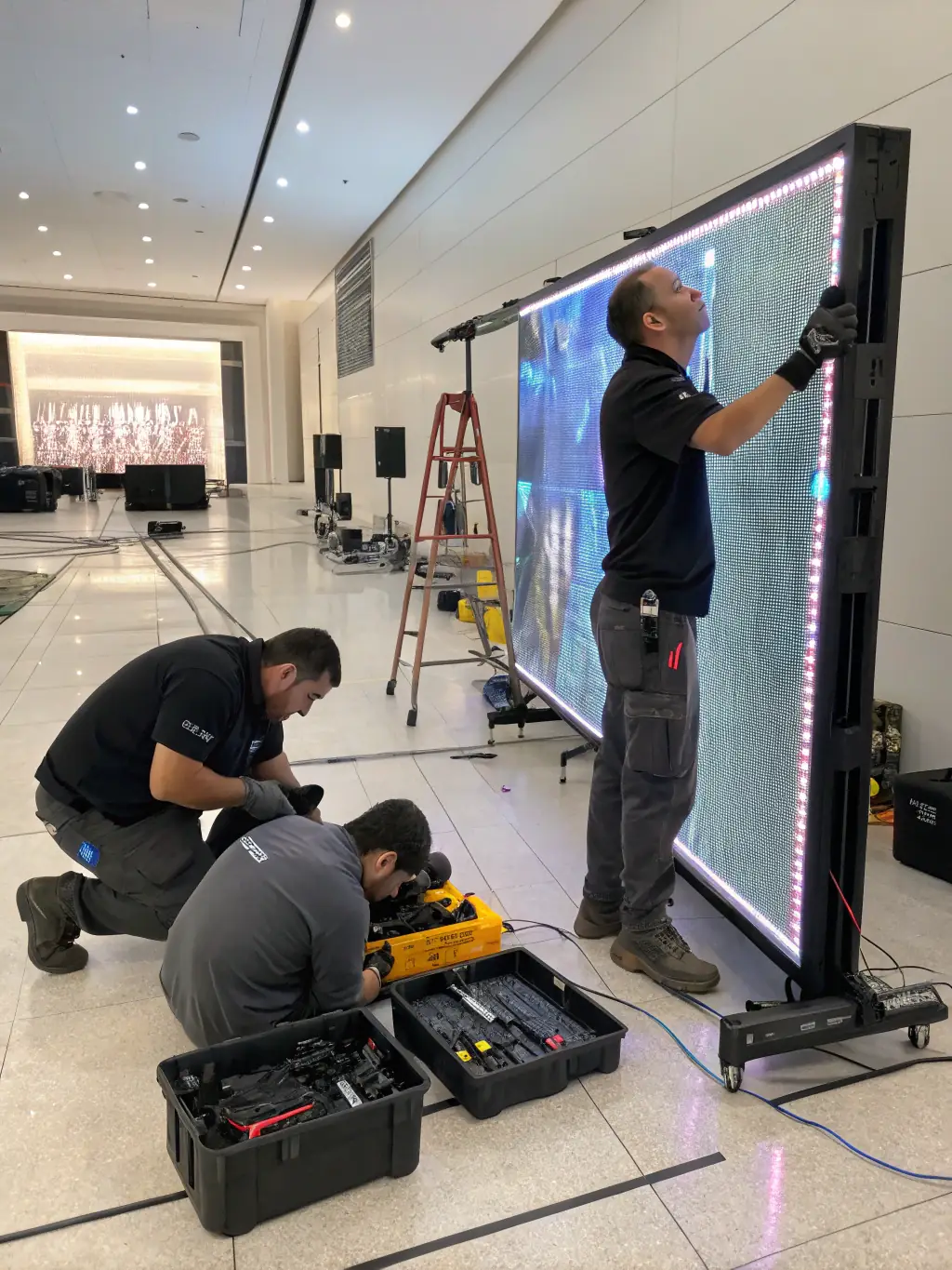 A close-up shot of a technician meticulously assembling an LED sign in a clean, modern workshop environment, showcasing the precision and care involved in the production process.