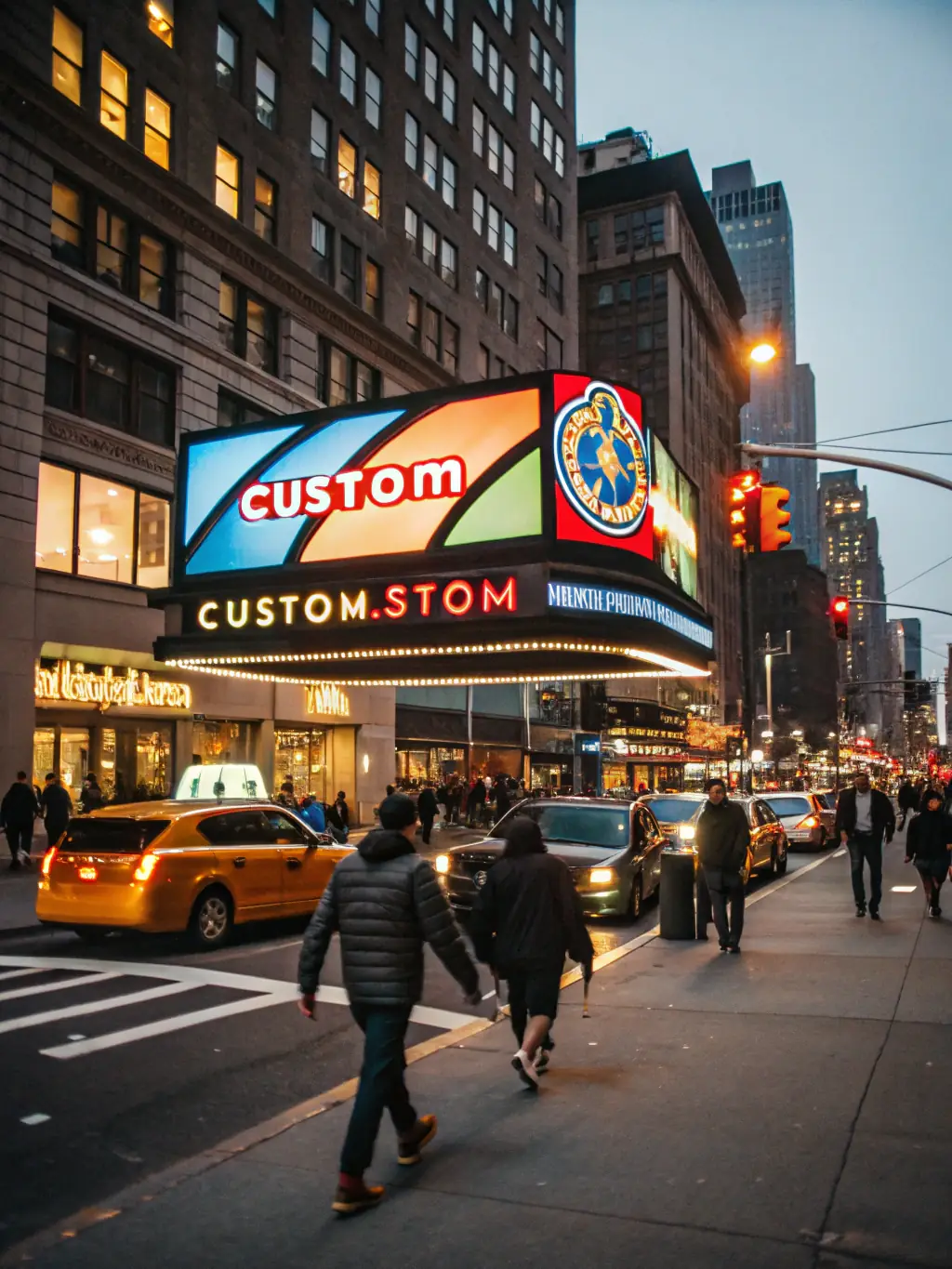 A dynamic LED sign displaying vibrant, animated graphics and text, installed above the entrance of a bustling retail store at dusk.
