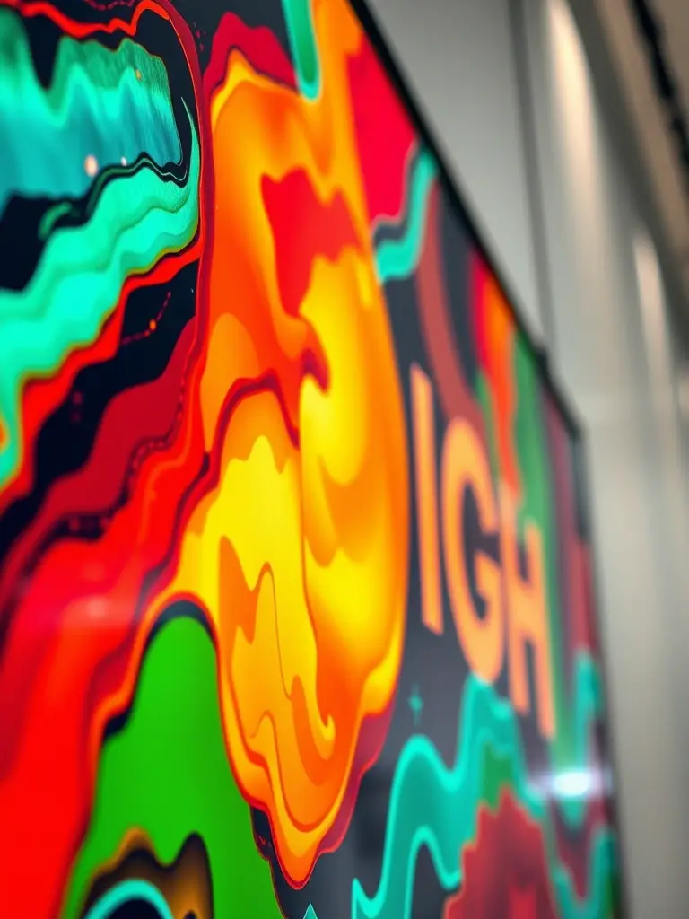 A close-up shot of a thinksign LED sign displaying vibrant, customizable text, showcasing its high resolution and clarity, set against a blurred urban background.